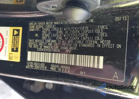 2013 Toyota Highlander Limited V6 z USA, uszkodzony, nr VIN 5TDYK3EH5DS136690